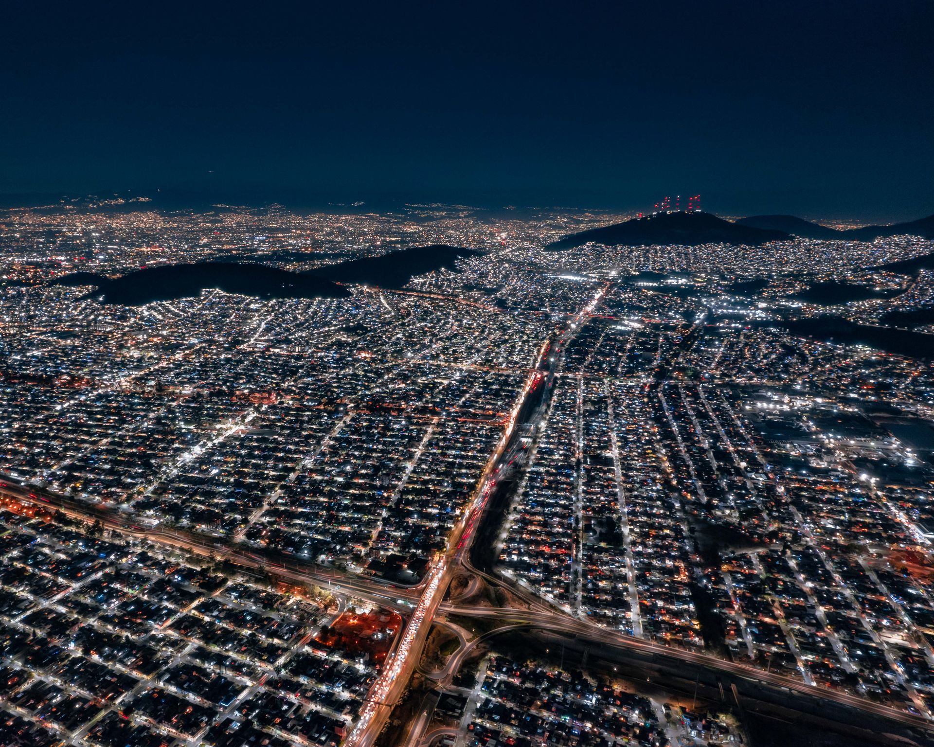 Aerial view of a city grid at night